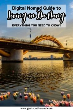 a bridge over water with flowers floating on it and the text digital nomad guide to living in da nang everything you need to know