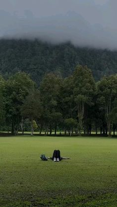 a person laying on the ground in a field with trees and mountains behind them,