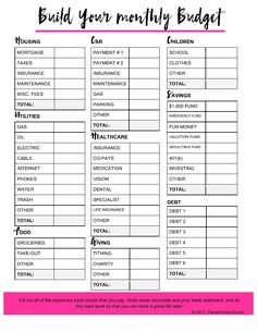 a printable budget sheet with the words build your money budget on it and an image of