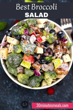 broccoli salad in a white bowl with text overlay that reads best broccoli salad