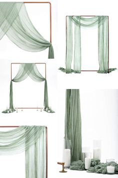 four different views of a green drape with candles in front of it and on the other side