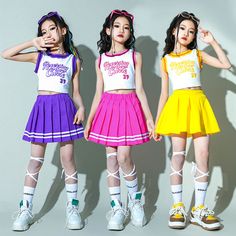 Children's Yellow pink purple jazz dance performance costume gogo dancers outfits for girls school cheerleading performance uniforms for kids Gogo Dancer Outfits, School Cheerleading, Outfits For Girls, Kids Uniforms, Performance Costume, Dancers Outfit