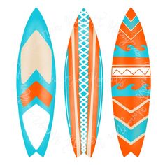 three surfboards with different designs on them, one is orange and the other is blue