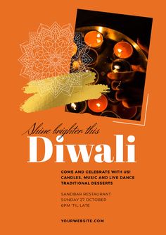 an orange and black flyer with candles in the background for a diwali celebration