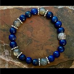 New Gorgeous Lapis Lazuli & Labradorite 8 Mm Beaded Elastic Bracelet. Bracelet Fits Wrists 7 Inches And Smaller. Jewelry Blue, Elastic Bracelet, Women Accessories Jewelry, Womens Jewelry Bracelets, Lapis Lazuli, Blue Gray, Eden, Labradorite, Blue Grey