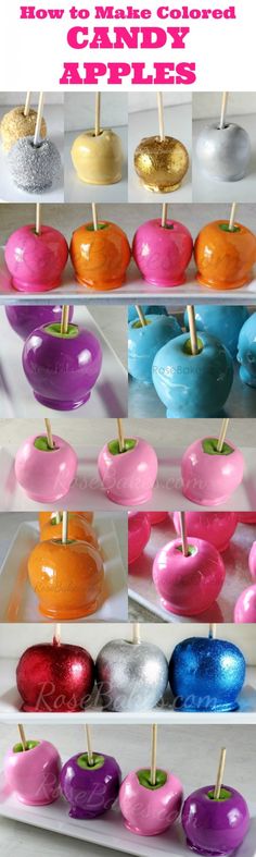 candy apples are lined up on the shelves in different colors and sizes, with text overlay that reads how to make colored candy apples