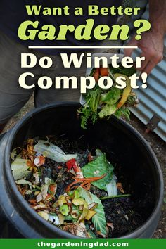 a man is dumping garbage into a composting bin with the words, want a better garden? do winter compost