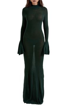 This semisheer maxi dress brings subtle romance to your style with long bell sleeves, an open back and a silky-soft touch. Exclusive retailer Pull-on style Mock neck Long sleeves Semisheer Unlined 100% viscose Dry clean Imported Jade Long Sleeve Dress, Green Dress Bell Sleeve, Archive Maxi Dress, Maxi Dress Turtle Neck, Velvet Dress Long Casual, Long Sleev Tight Dresses, Luxury Long Sleeve Maxi Dress, Long Sleeve Dress High Boots, Long Green Knit Dress