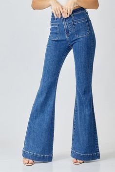 The Century Denim Jeans feature a sophisticated dark wash with a stylish flare leg, perfect for a modern yet timeless look. These jeans offer a flattering silhouette that elongates the legs, making them a versatile addition to any wardrobe. Ideal for dressing up or down, the Century Denim Jeans are a chic choice for any occasion. Fabric Content: 80% Cotton 18% Polyester 2% Spandex Chic Night Out Outfit, Jeans Website, Patches Fashion, Bottom Jeans, Night Out Outfit, Trouser Style, Swimwear Girls, Bell Bottom, 70s Fashion