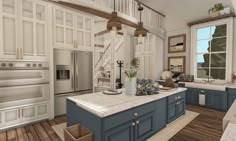 an artist's rendering of a kitchen with blue cabinets and white counter tops, along with wooden flooring