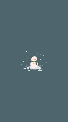 a snowman is standing in the middle of a puddle of water, surrounded by falling snow