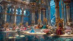 the little mermaid is sitting on her bed in front of an underwater castle with gold and blue decorations