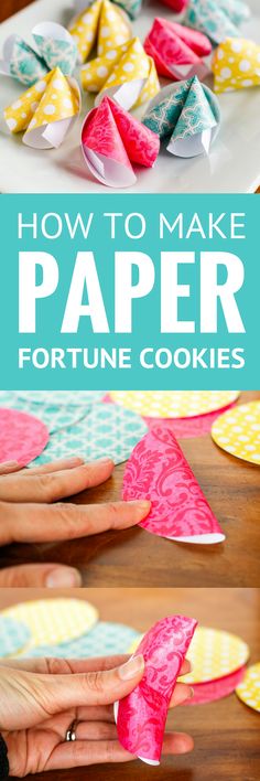 how to make paper fortune cookies on a table with text overlay that reads, how to make paper fortune cookies