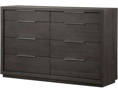 a dark colored dresser with silver handles and drawers on the bottom drawer, in front of a white background