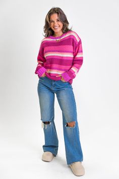 Fuschia Sweater, Multicolor Textured Knit Crew Neck Sweater, Playful Pink Crew Neck Sweater, Pink Stretch Textured Knit Sweater, Bright Pink Sweater, Fun Pants