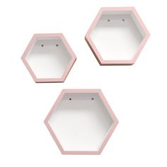 three pink hexagonal shelves are shown against a white background with no one in them