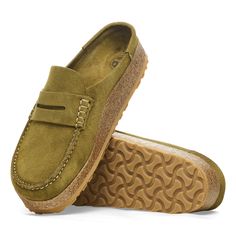 Naples Suede Leather Pine Green | BIRKENSTOCK Kyoto Birkenstock, Birkenstock Naples, Green Birkenstock, Birkenstock Styles, Leather Clog, Mode Boho, Construction Details, Birkenstock Sandals, Pine Green