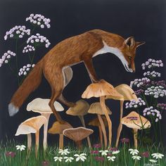 a painting of a fox jumping over mushrooms