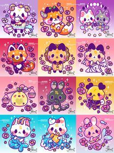 cartoon character stickers with different colors and sizes, including the characters from hello kitty