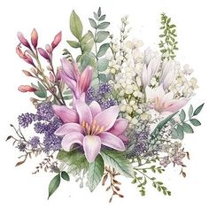 a bouquet of flowers is shown in this watercolor style painting on white paper, with green leaves and pink lilies