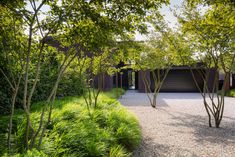 a modern house surrounded by lush green trees and shrubs in the foreground is a gravel path that leads to an open garage door