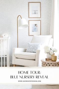 a baby's room with a crib, rocking chair and pictures on the wall