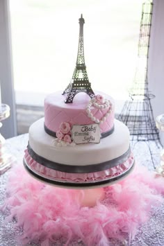 a cake with pink feathers and the eiffel tower in the background