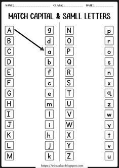 the capital and small letters worksheet is shown in black and white with an arrow pointing