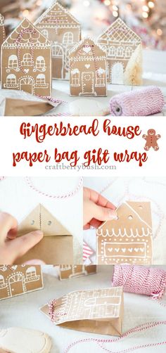 the gingerbread house paper bag gift wrap is made from brown paper and decorated with gingerbread houses