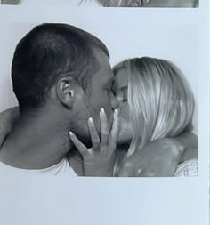 a man and woman kissing each other in front of a white background with two pictures