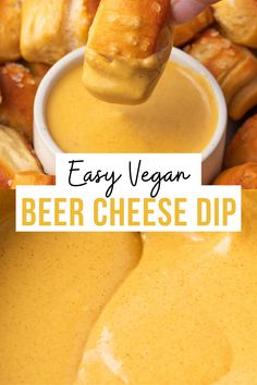 easy vegan beer cheese dip with croissants in the background and text overlay that reads easy vegan beer cheese dip