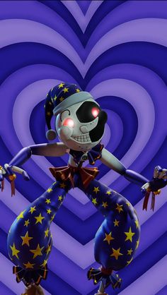 a cartoon character with red eyes and stars on it's body, standing in front of a heart shaped background