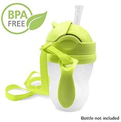 the sippy cup has a strap around it's neck and is made out of plastic