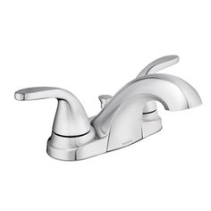 a chrome faucet with two handles