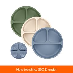 three different plates with the words now trending $ 50 & under