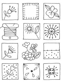 hand drawn squares with flowers, leaves and other things to draw on them in black ink