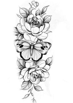 a black and white drawing of flowers with butterflies