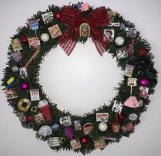 a christmas wreath with many different items on it