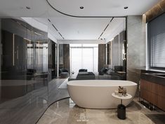 a bathroom with a large bathtub in it