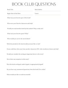 the book club questions page is shown in black and white, with text on it