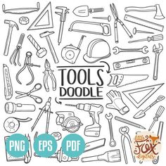 tools doodle is shown in black and white with the words, tools doodle