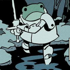 an image of a cartoon character holding a stick in his hand and walking through the water