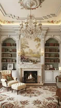 a living room filled with furniture and a fire place under a chandelier above a fireplace