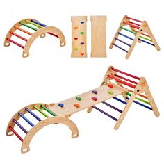 two wooden toys with different colors and shapes on the top one has a ladder, another has a set of multicolored pegs