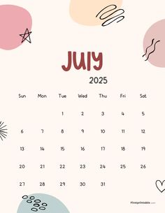 Cute Abstract July 2025 Calendar Aesthetic Monthly Calendar, Free Blank Calendar, Hourly Schedule, Calendar Design Template, July Calendar, Flag Printable, Monthly Planner Template, Blank Calendar Template, Printable Calendars