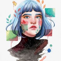 a watercolor painting of a woman with blue hair and flowers on her face, surrounded by geometric shapes