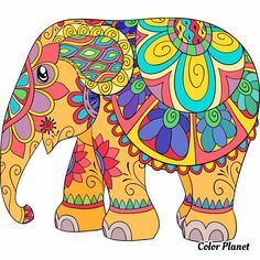 an elephant with colorful designs on it's body is shown in this coloring page