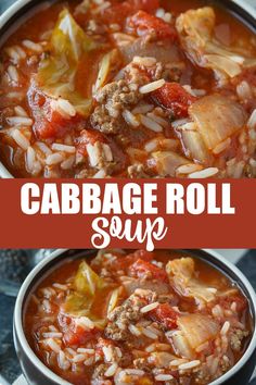 cabbage roll soup in a bowl with the title above it and an image of two bowls filled