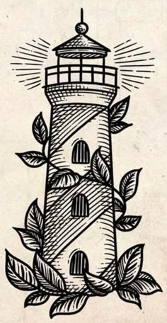 a drawing of a lighthouse surrounded by leaves