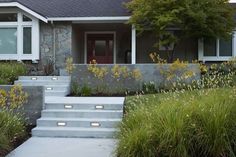 a house with steps leading up to the front door and grass growing on the side